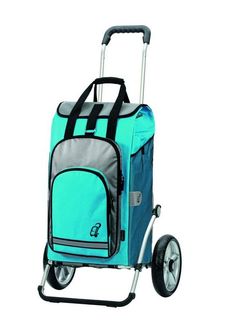 a blue rolling cooler bag with wheels