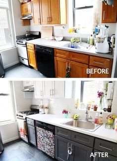 before and after pictures of a kitchen remodel with wood cabinets, stainless steel appliances, and white countertops