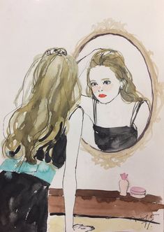 a drawing of a girl looking at her reflection in the mirror, with long hair