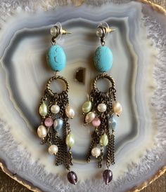 The Turquoise Drop Earrings Bohemian Beaded Chain Dangle Chandelier Earrings, Bohemian Beaded Chandelier Dangle Earrings, Bohemian Chandelier Earrings With Beaded Chain, Trendy Beaded Dangle Chandelier Earrings, Turquoise Drop Earrings, Long Drop Earrings, Gorgeous Jewelry, Casual Looks, Turquoise