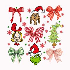 an image of christmas stickers with bows and cartoon characters on them, all in different designs