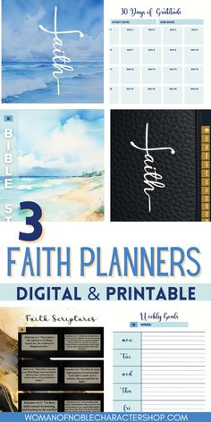 a poster with the words 3 faith planners, digital and printables on it