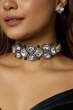 Green And White Antique Polki Necklace Set - Joules By Radhika This designer handcrafted choker necklace & stud earring set is made with far size polkis in the centre along with green agates & completed with pearl beads.Ideal to be worn on festive, wedding & party occassions on your Indian & fusion attire. Every artistic piece from Joules by Radhika is made with real semi precious stones only, giving it a regal look & feel. Necklace has adjustable locking system to fit all neck sizes. SET INCLUD Green Jeweled Kundan Necklace For Party, Green Kundan Gemstone Necklace For Party, Green Kundan Choker Necklace, Elegant Green Choker With Stone Work, Green Stone Work Choker For Gift, Green Meenakari Choker For Party, Handmade Green Choker For Festive Occasions, Festive Handmade Green Choker, Green Kundan Choker For Celebration