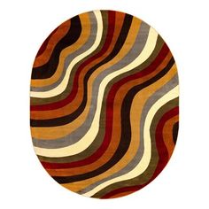 an oval rug with wavy stripes on the bottom and sides in various shades of orange, brown