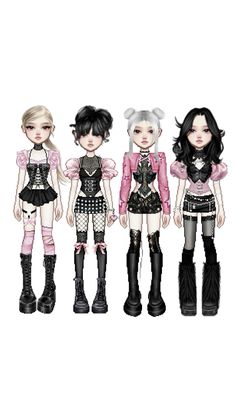 three dolls are standing next to each other in black and white outfits, one is wearing boots