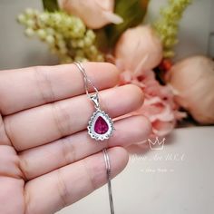 "Fuchsia Gemstone pink topaz Jewelry teardrop Style Gorgeous Unique Artisan design Full Sterling Silver Made Luxury Gemstone Jewelry ◆◆Pendant Main stone: 8*10mm created Pink Fuchsia topaz 2.75 CT Pendant Height ( include bail) : 21mm Pendant Holder (bezel & Bail) : Solid 925 Sterling Silver Accent Stone: Sim Diamond ◆◆ Necklace chain : Platinum gold coated 925 sterling silver Box Chain with length option from 16\" ~20\". The model wearing the default size 18\". 16 inch ≈ 40cm 18 inch ≈ 45cm Pear-shaped Diamond Birthstone Necklace, Diamond Teardrop Jewelry With Accent Stones, Diamond Drop Birthstone Jewelry, Sterling Silver Drop Necklace With Prong Setting, Sterling Silver Drop Necklaces With Prong Setting, White Gold Ruby Necklace, Formal Drop Ruby Necklaces, Elegant Gemstone Pendant Drop Necklace For Anniversary, Pendant Drop Necklace With Gemstone For Anniversary