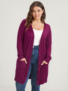 BloomChic Cardigans Plain Solid Split Pocket Regular Cardigans Cardigan And Jeans, Cardigans Women, Trendy Sweaters, Plus Size Clothing For Women, Purple Fashion, Womens Clothing Sizes, Sleeve Detail, Long Cardigan, Dress Clothes For Women