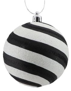 100mm Glitter Stripe Ball Ornament: Black/White - XY8900TX - The Wreath Shop White Tree With Silver Black Cream Orderments, Black And White Xmas Tree Mid Century, White Tree With Silver Black Cream Orderments Black, Black Ornaments White Christmas Tree, Frosted Christmas Tree With Black And White Ornaments, Black And White Whimsical Christmas Tree, Christmas Black And White Wreath, Black And White Ornament Wreath, Black White Christmas