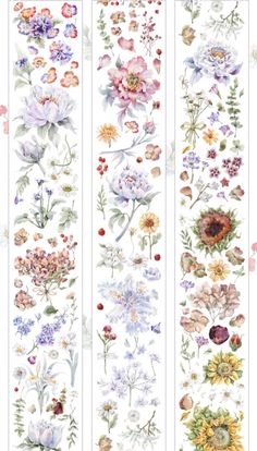 three rows of flowers painted on white paper