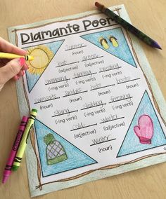 a person holding two crayons and writing on a piece of paper that says diamatic poem