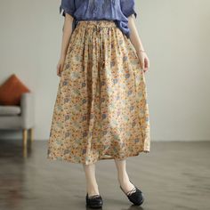 Details: Gender: Women Item Type: Skirt Material: 65% Cotton, 35% Polyester Season: Summer Pattern: Printed Style: Casual, Loose, Retro Waist Type: Elastic Waist Size: One Size Waist: 72.00 - 108.00 cm/ 28.35 - 42.52 " Length: 83.00 cm/ 32.68 " Hip: 154.00 cm/ 60.63 " Hem: 196.00 cm/ 77.17 " Casual Knee-length Gathered Skirt, Casual Non-stretch Skirt With Elastic Waistband, Casual High Waist Gathered Skirt, Casual Beige Pencil Skirt, Beige Casual Non-stretch Skirt, Casual Gathered Skirt, Non-stretch Gathered Skirt For Spring, Non-stretch Beige Midi Skirt, Casual High Waist Floral Print Skirt