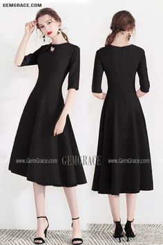 Modest Aline Black Semi Party Dress With Retro Bow Black Semi Formal Dresses, Semi Formal Dresses With Sleeves, Black Semi Formal, Modest Homecoming Dresses, Trendy Dress Styles, Dress Half Sleeve, Simple Homecoming Dresses, Strapless Chiffon Dress, Black Homecoming Dress