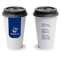 two coffee cups with labels on them sitting side by side, one is white and the other is blue