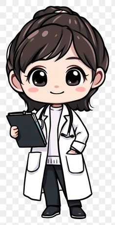 a cartoon girl in a white lab coat holding a clipboard and looking at the camera