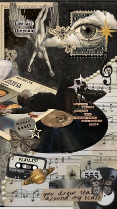 an altered collage with music and other items