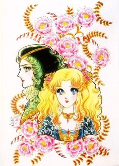 a drawing of two women with flowers in their hair and one wearing a tiara