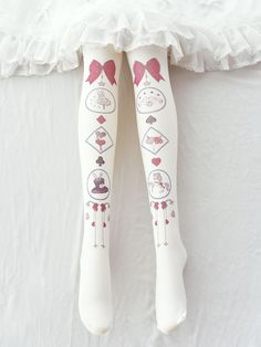 Print Design Lolita Tights Cute White Fitted Bottoms, Cute Fitted White Bottoms, Cute White Stretch Hosiery, Cute White Stretch Tights, Cute Thigh High Stretch Tights, Cute Stretch White Hosiery, Cute Stretch White Tights, Cute Stretch Thigh-high Tights, Cute Pink Fitted Tights