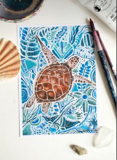 a drawing of a sea turtle on a blue and green background with seashells