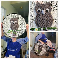 three pictures of people holding up crocheted owl coasters with eyes on them