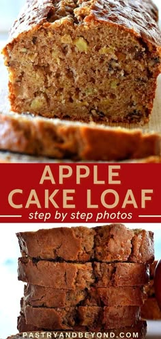 Collage for apple cake loaf with text overlay. Apple Cake Loaf, Apple Quick Bread, Can Apple Pie Filling, Apple Loaf Cake, Moist Apple Cake, Apple Bread Recipe, Cake Loaf, Loaf Cake Recipes, Apple Recipes Easy