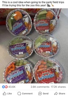 four plastic bowls filled with different types of vegetables on top of a counter next to a carton of chips