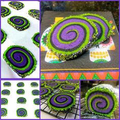 several pictures of decorated cookies with green and purple icing on them, including one in the shape of a spiral