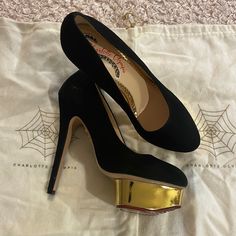 Charlotte Olympia, Dolly, Suede Heels Brand-New Never Worn Size 6 With One Dust Bag. No Box. Charlotte Olympia Shoes, Charlotte Olympia, Flat Sneakers, Suede Heels, Olympia, Black Suede, Shoes Women Heels, Shoes Heels, Dust Bag