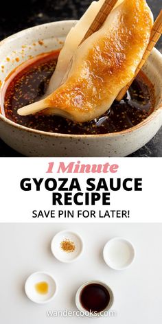 the recipe for gyoza sauce in a bowl with chopsticks on top