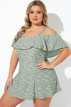 Floral Ruffle Cold Shoulder Women Swimdress Off-shoulder Sundress With Ruffles, Green Mini Dress With Ruffled Straps And Details, Summer Ruffle Sleeve Lined Dress, Spring Off-shoulder Ruffle Dress, Off-shoulder Sundress With Ruffles For Vacation, Off-shoulder Ruffled Sundress For Vacation, Short Sleeve Sundress With Ruffles For Brunch, Green Flutter Sleeve Mini Dress With Ruffles, Spring Off-shoulder Sundress With Ruffles