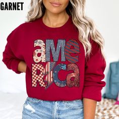 Cozy Sweatshirt Featuring Lowercase America Typography - Red, White, and Blue This cozy sweatshirt is the perfect way to show off your patriotism with a unique twist. Featuring the word America spelled in lower case, this sweatshirt showcases a variety of patriotic patterns that are sure to make a statement. Whether you're celebrating the Fourth of July or just wanting to show your love for the USA, this sweatshirt is a fun and stylish choice. Made with soft and comfortable fabric, it's perfect Fall Flag Print Long Sleeve Sweater, Red Patriotic Top For Fall, Long Sleeve Flag Print Sweater For Fall, Fall Long Sleeve Flag Print Sweater, Red Relaxed Fit Sweater With Letter Print, Red Long Sleeve Top For 4th Of July, Red Long Sleeve Tops For 4th Of July, Casual American Flag Sweater For 4th Of July, Patriotic Letter Print Sweatshirt For Independence Day