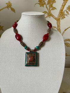 Bohemian Gemstone Necklaces For Festive Occasions, Unique Rectangular Necklaces With Natural Stones, Traditional Gemstone Necklace, Unique Vintage Pendant Necklace, Unique Festive Necklace With Polished Beads, Spiritual Gemstone Beaded Necklace, Traditional Gemstone Bead Necklaces, Handmade Rectangular Jewelry For Festive Occasions, Handmade Elegant Beads For Festive Occasions