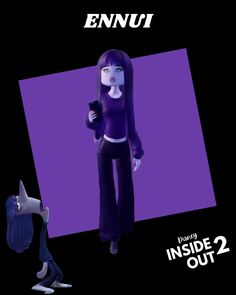 an animated character is standing in front of a purple and black background with the words ennui on it