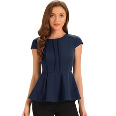 This Allegra K cap sleeve peplum top is an absolute must-have for anyone looking to add a touch of elegance and glamour to their wardrobe. The fitted waistline flows seamlessly into a flaring peplum hem, creating a flattering silhouette that will complement any body type. This stylish blouse can be paired with any bottoms to create a chic outfit suitable for any occasion. Not only will it enhance your beauty, but it will also add a touch of sophistication to your wardrobe, making it a versatile Fitted Peplum Blouse For Workwear, Chic Peplum Tops For Work, Elegant Short Sleeve Peplum Top For Work, Fitted Short Sleeve Peplum Top For Party, Fitted Short Sleeve Top For Workwear, Elegant Short Sleeve Peplum Top For Spring, Spring Elegant Short Sleeve Peplum Top, Fitted Blue Peplum Blouse, Chic Fitted Short Sleeve Peplum Top