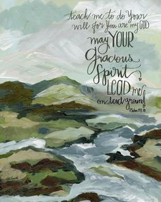 a painting with a bible verse on it and mountains in the background, as well as an