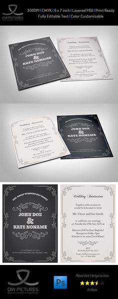 the wedding card is shown in three different colors and font styles, including black and white