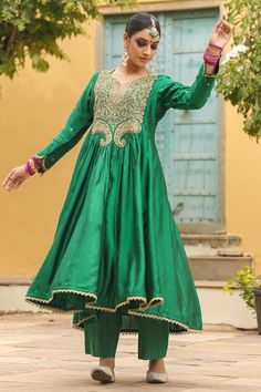 Blue anarkali, highlighted with zari dori, resham and tikkis embroidery on the yoke. Paired with a palazzo. - Aza Fashions Anarkali With Palazzo, Green Anarkali, Blue Anarkali, Embroidery Floral, Silk Embroidery, Three Quarter Sleeves, Quarter Sleeve, Anarkali, Aza Fashion