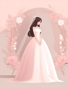 a woman in a wedding dress standing next to a pink flower arch with roses around it