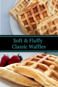 soft and fluffy waffles on a white plate with strawberries in the background