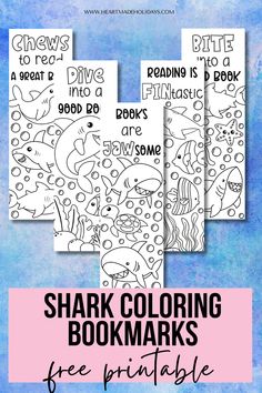 shark coloring bookmarks with free printables for kids to color and practice reading