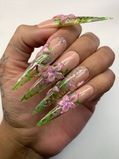 Hi love 💕  I only work with high quality materials to create strong, reusable luxury press on nails. You can reuse all of the nails multiple times if taken care of properly.  This Set Includes : -10 Press on nails  -Wooden cuticle stick -Alcohol Wipe  -Nail file  -Nail glue  -Nail adhesive tape  *3XL STILETTO DISPLAYED* *READ* Make sure your sizing is accurate before placing an order, if you are not able to size your nail beds with a measuring tape please order a sizing kit. All nail artist use Tropical 3d Nails, Nail Sets With 3d Flowers, Green And Pink Flower Nails, Xl Stiletto Nails, 3d Tropical Flower Nails, Safari Nails, Flower Press On Nails, 3d Sculpted Flower Nails, Xl Nails