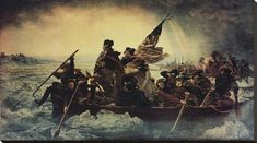 a painting of people on a boat with an american flag in the water and ice