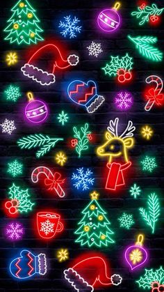 neon christmas lights and decorations on a brick wall with snowflakes, santa hats, stockings