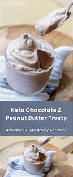 keto chocolate and peanut butter frosting recipe on a wooden table with spoons