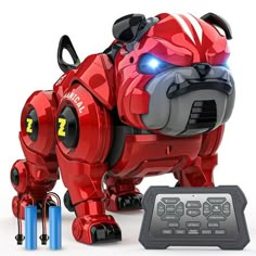 a red dog toy with lights and remote control