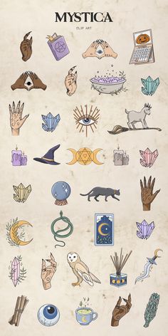 a poster with many different symbols on it