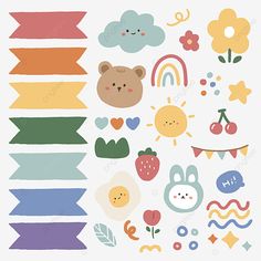 an assortment of cute and colorful stickers for scrapbook pages, paper crafts, handmade items, decoration png and psd