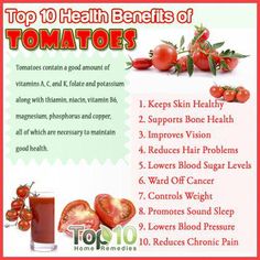 top 10 health benefits of tomatoes info poster with description on the side and information about them