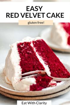 a slice of red velvet cake with white frosting on a plate and the title overlay reads easy red velvet cake gluten free