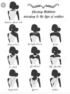 Jewelry For Long Sleeve Dress, Triangle Neckline Dress, Different Necklace Styles, Necklace Based On Neckline, Types Of Necklaces To Wear Neckline, Formal Dress Jewelry Ideas, Jewelry For One Shoulder Dress, What Necklace To Wear With What Neckline, What Jewelry To Wear With Dress Neckline