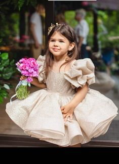 Golden Sparkling Flower Girl Dress With Fancy Puff Sleeves, Beige Birthday Girl Dress, Tutu Glitter Dress, Pageant Toddler Dress - Etsy Ukraine Princess Style Bubble Dress With Ruffles For Party, Gold Ruffled Tutu Dress For Pageants, Gold Ruffled Tutu Dress For Pageant, Gown Christmas, Birthday Toddler Girl, Beige Birthday, Kid Birthday Party, Dresses Champagne, Baby Girls Dresses